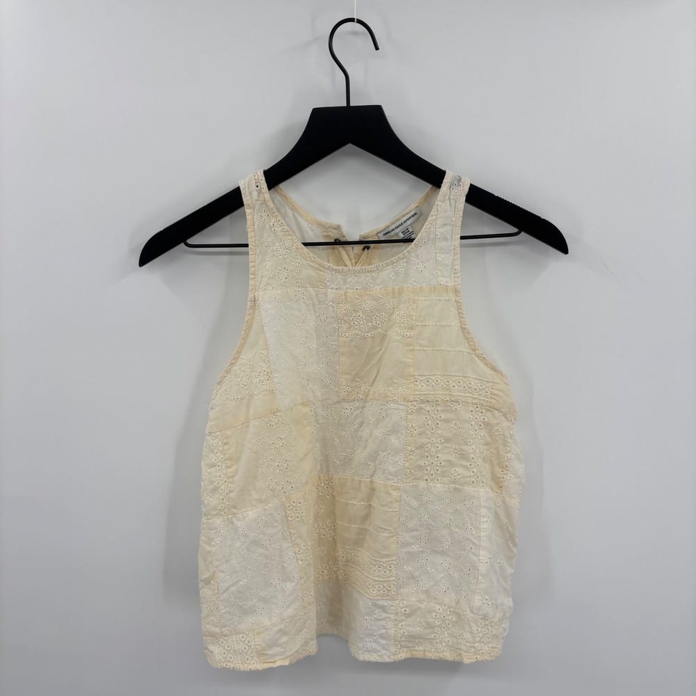 American Eagle Eyelet Patchwork Tank Top XS Cream Yellow Lace Up Back Boho Vaca